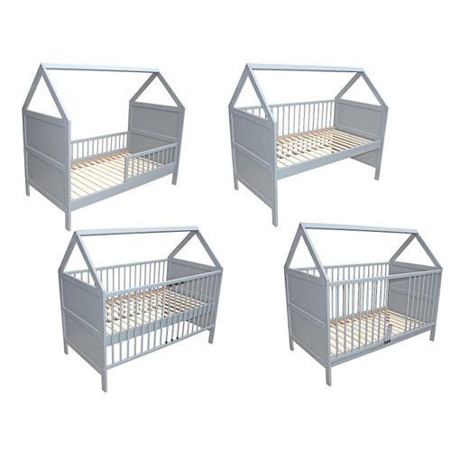 Babybett Kinderbett Juniorbett Beistellbett Bett Haus 140x70 cm umbaubar massiv grau