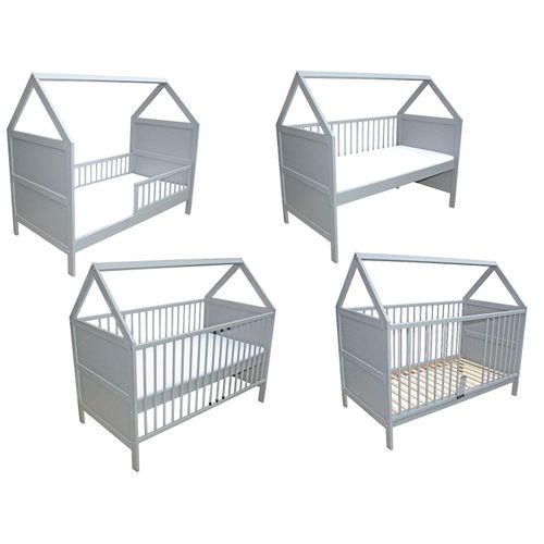 Babybett Kinderbett Juniorbett Beistellbett Bett Haus 140x70 cm mit Matratze umbaubar massiv grau 0 bis 6 Jahre