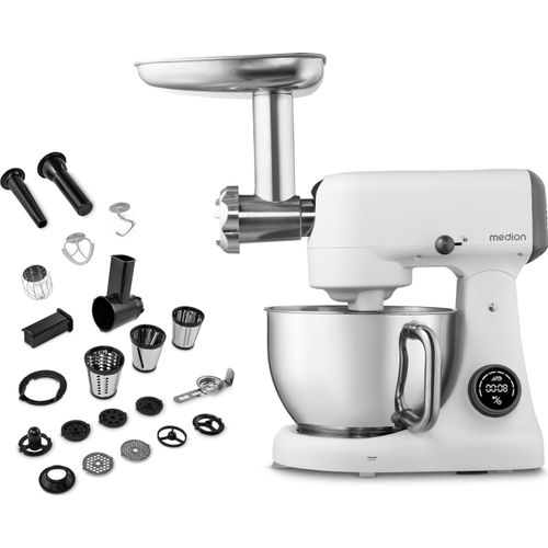 MEDION Küchenmaschine (Fleischwolf, 4,6 Liter Edelstahlschüssel, leiser Gleichstrommotor, 800 Watt, Reiben Raspeln Schneiden, Digitales Sensor Touch Display, Knetmaschine, Teigmaschine, MD12600) weiß