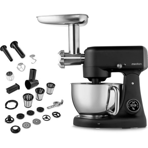 MEDION Küchenmaschine (Fleischwolf, 4,6 L Edelstahlschüssel, leiser Gleichstrommotor, 800 Watt, Reiben Raspeln Schneiden, Digitales Sensor Touch Display, Knetmaschine, Teigmaschine, MD12600) schwarz