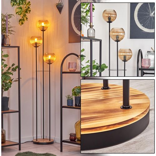 Cesaro Stehlampe aus Metall/Holz/Riffelglas in Schwarz/Hellbraun/Bernstein