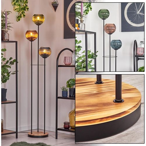 Fossobiubo Stehlampe aus Metall/Holz/Riffelglas in Schwarz/Hellbraun/Blau/Grün