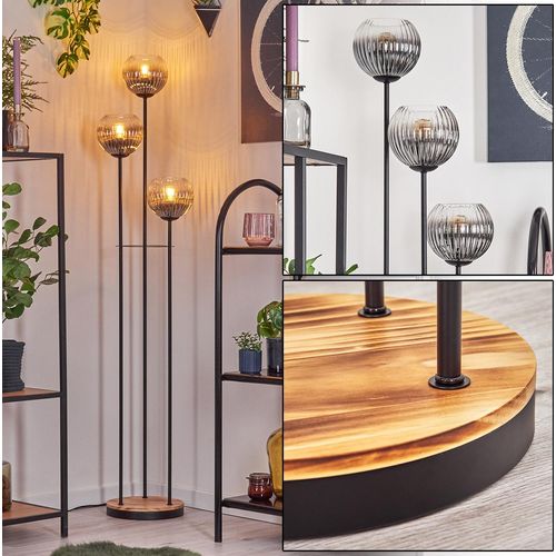 Cesaro Stehlampe aus Metall/Holz/Riffelglas in Schwarz/Hellbraun/Rauch/Klar