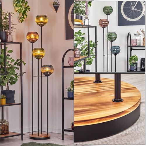 Cesaro Stehlampe aus Metall/Holz/Riffelglas in Schwarz/Natur/Grün/Blau/Kupfer