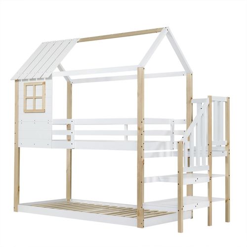 Etagenbett, Bett mit Ecktreppe, Hausbett, Kinderbett mit Fallschutz und Gitter, mit Fenster, Einzigartiges Dachdesign, Kiefer+MDF