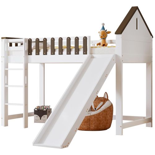 Hochbett, Mit Dach und Fenster, Mit dreistufiger gerader Leiter, Jugendbett, Kinderbett mit Rutsche, Kiefer+MDF, Weiß+Walnuss