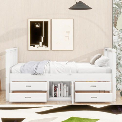 Kinderbett 90x200 cm Podestbett, Podestbett mit 4 Schubladen, mit Stauschrank, Weiß