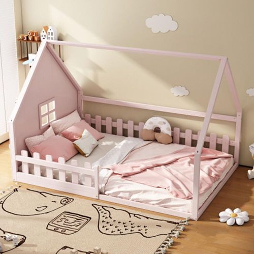 Kinderbett,Flachbett,140*200 cm,Hausleiste, Geländer, Kiefernholz, Rosa