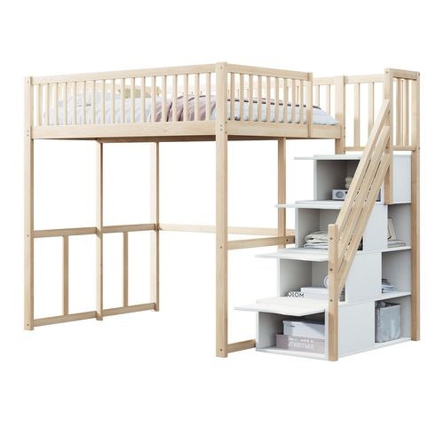 Hochbett(natur)140x200cm mit Sicherheitsaufbewahrungsleiter, Sicherheitsumrandung,Bettgestell aus massiver Kiefer,Geeignet für Kinder,Jugendliche