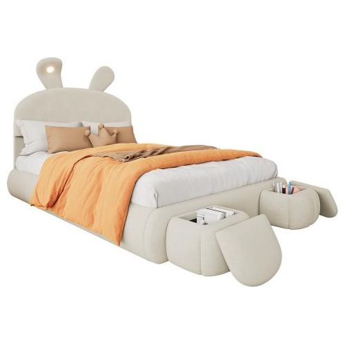 Polsterbett 140x200 cm (Ohne Matratze) Doppelbett Beige Samt Hydraulisches Bett Hasenohren mit einstellbarer Helligkeit Warmfarbenen Lichtstreifen Stauraum