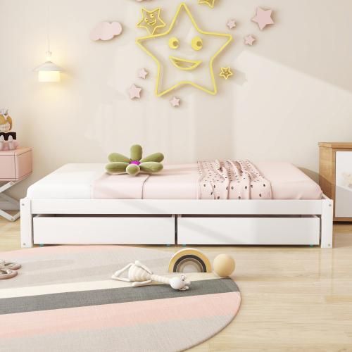 Kinderbett 90x200cm Ohne Matratze Einzelbett Weiss Massivholz Mit 2 Schubladen Lattenrost Bettkasten