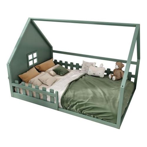 Flachbett 140x200cm Ohne Matratze Kinderbett Gruen Kiefernholz Mit Hausleiste Gelaender
