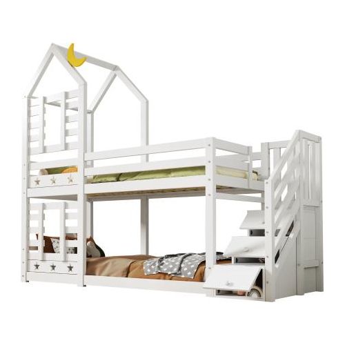 Etagenbett 90x200cm Ohne Matratze Kinderbett Weiss Mit Schubladen Rausfallschutz 2x Lattenrost Baumhaus