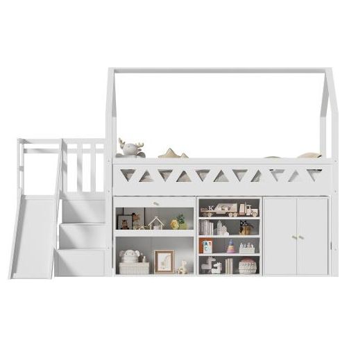 Kinderbett 90x200cm Ohne Matratze Einzelbett Weiss Massivholz Mit Rutsche Treppen Schubladen Schliessfach Magnetischer Tuer