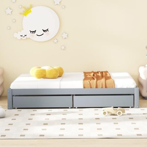 Kinderbett 90x200cm Ohne Matratze Einzelbett Grau Massivholz Mit 2 Schubladen Lattenrost Bettkasten