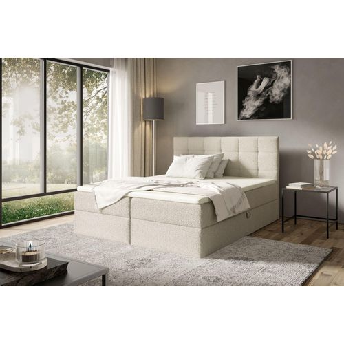 Boxspringbett 180x200 ABRIAMO von ANTONIO mit Bettkästen und Topperr, Doppelbett mit Bonell Federkernmatratze, Härtegrad H4, Bouclé-Optic Hellbeige