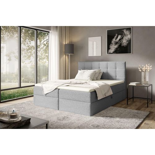 Boxspringbett 180x200 ABRIAMO von ANTONIO mit Bettkästen und Topperr, Doppelbett mit Bonell Federkernmatratze, Härtegrad H4, Bouclé-Optic Hellgrau