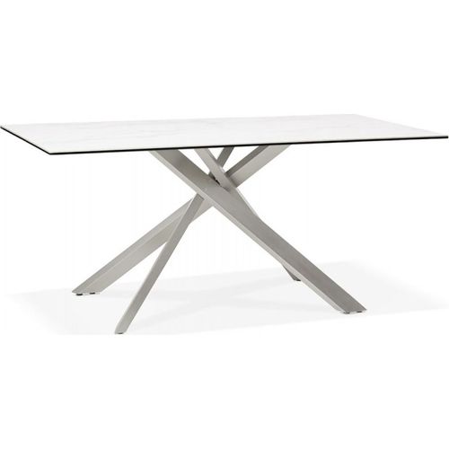 Esstisch Weiß Grau aus Metall und Glas | Moderner Esszimmertisch mit Marmoroptik | Designertisch mit X-Gestell | Industrieller Stil | 180x90x76,5 cm | Kadima Design