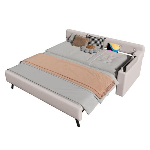 Schlafsofa,Daybett(Beige)Tagesbett,Schlafsofa mit Lattenrost, mit ausziehbarem Ausziehbett mit Klappstaufach, usb+type-c, Leinen
