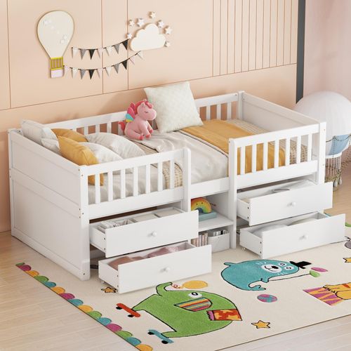 okwish Kinder Halbhochbett mit Matratze 90x200 Jugendbett Holzbett mit 4 Schubladen,Geländer und Treppe,Weiß