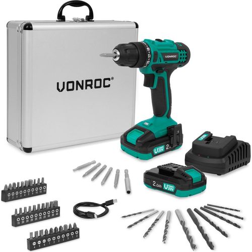 Vonroc Akku-Bohrschrauber 20V | Inkl. 2x 2,0Ah Akku, Ladegerät und 46 Zubehörteilen im Premium-Koffer