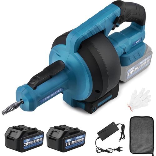 21V Rohrreinigungsmaschine 610 U/min | mit 2x Akku | Ø9mm 7.6M Rohrreinigungsspirale für Ø16-85 mm Rohrleitungen, Elektrisch Rohrreiniger Drain Clean