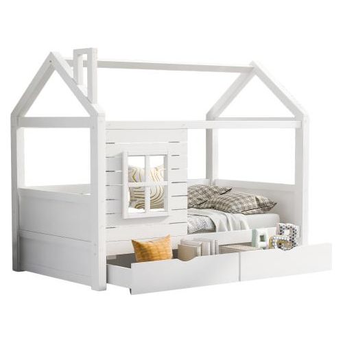 Kinderbett 90x200 cm Ohne Matratze Weiss Kiefer Massivholz Massivholz Rausfallschutz Fenster vielseitiges Hausbett fuer Jungen & Maedchen Lattenrost