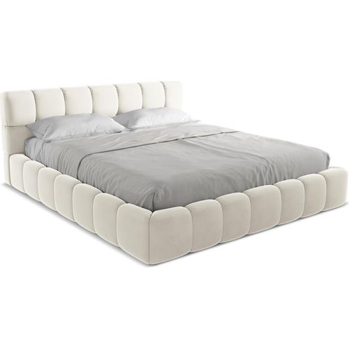 Bett mit Bettkasten - 200 x 228 - Samt - Hell beige - NALU