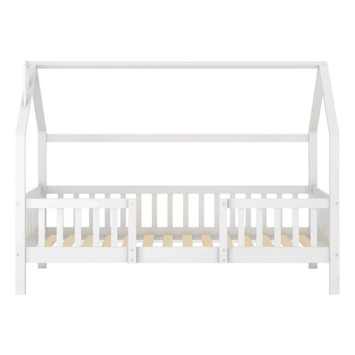 Kinderbett mit Schornstein Robuste Lattenroste Kiefernholz Haus Bett ohne Matratze 90 x 200cm Weiß
