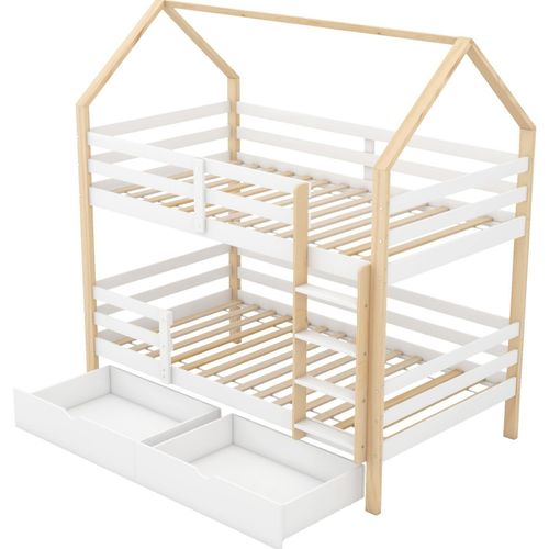 Ins und aus dem Bett kommen, Doppelbett, Kinderbett in Hausform, große Schubladen, Kiefernholz Haus Bett for Kids,ohne Matratze,weiß+Holzfarbe