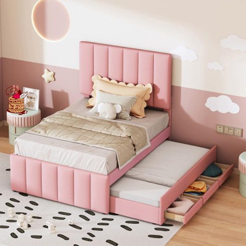 Kinderbett Polsterbett 90 x 200 cm mit Rollbett und Stauraumschubladen, flaches Einzelbett, Kinderbett, Jugendbett, (Rosa)