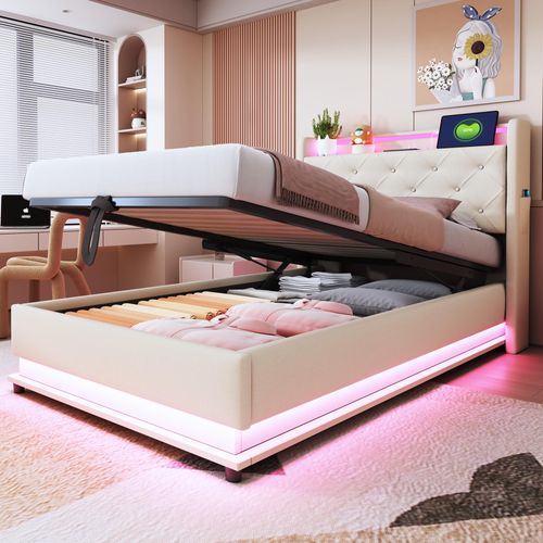 okwish Kinderbett Polsterbett 90x200cm, Einzelbett Mit farbwechselnden Lichtern und USB-Steckdose, Kopfteil aufklappbar, Mit Hydraulischem Stauraum, Mit Handytasche,mit Matratze,Beige