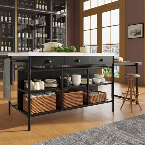 okwish KücheninselnEsstischMDF Arbeitsplatte Küche RegalMultifunktionales Küchen- und Esszimmer-Möbel, Schubladen,Küchenregal mit 3- Küchewagen SideboardSchwarz &Weiß