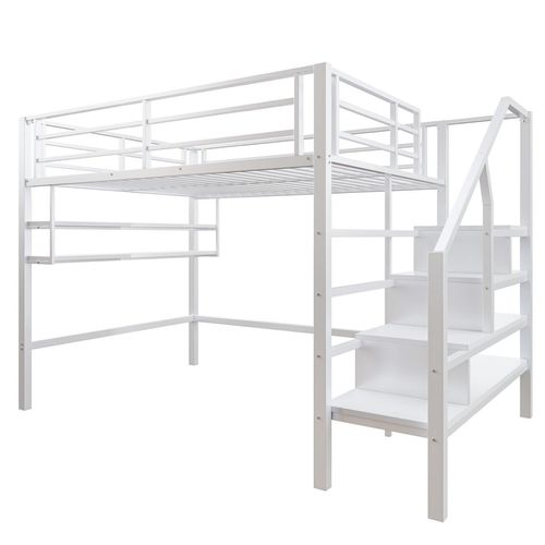 Hochbett(140*200cm,Weiß)Einlegeböden, Stauraumleiter, Freiraum unter dem Bett zum Verkleiden, Geländer, ohne Matratze