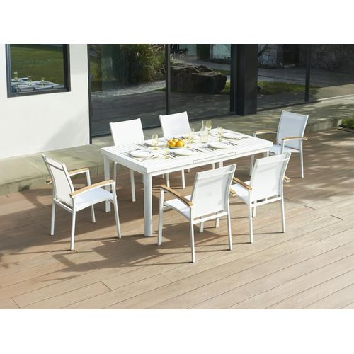 Garten-Essgruppe: Tisch ausziehbar 180/240 cm + 6 stapelbare Sessel mit Armlehnen aus Akazienholz - Aluminium - Weiß - NAURU von MYLIA