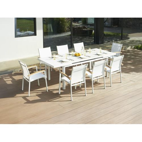 Garten-Essgruppe: Tisch ausziehbar 180/240 cm + 8 stapelbare Sessel mit Armlehnen aus Akazienholz - Aluminium - Weiß - NAURU von MYLIA