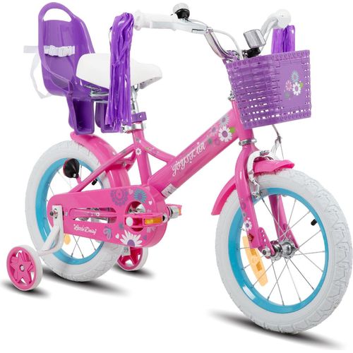 HILAND Joystar 12 Zoll Kinderfahrrad mit Stützrädern, Puppenfahrradsitz, Luftschlangen, Korb, Klingel, DIY-Aufklebern, Schutzblechen, für Mädchen,Lila