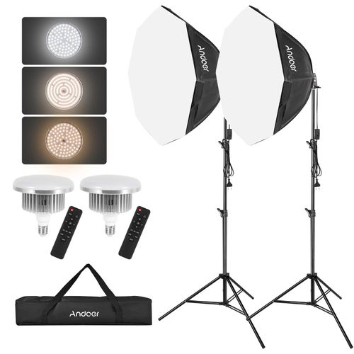 Andoer Studio-Fotografie-Lichtset, Softbox-Beleuchtungsset mit 85 W 2800 K-5700 K LED-Licht * 2 + Octagon-Softbox * 2 + 2 m Lichtstativ * 2 + Fernbedienung * 2 + Tragetasche * 1 fuer Studio-Portrait-Produktfoto-Video