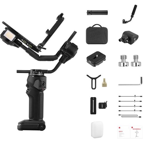 ZHIYUN CRANE 4 Standard-Handheld-3-Achsen-Kamera-Gimbal-Stabilisator, 6 kg Tragkraft, eingebautes 10-W-LED-Fuelllicht, PD-Schnellladeakku mit Mini-Stativ, Tragetasche, Sling-Griff, Handballenauflage als Ersatz fuer Canon, Nikon, Sony, DSLR-Kamera