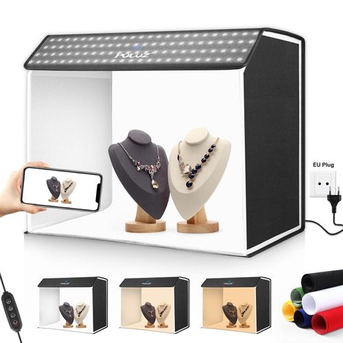 PULUZ PU5064 Faltbares LED-Lichtzelt, Desktop-Fotostudio-Lichtbox, tragbare quaderfoermige Softbox, 672 LED-Perlen, 3000 K C 6500 K, dimmbar, mit 6 farbigen Hintergruenden fuer kleine Produktfotografie, 62,5 x 40 x 52,5 cm