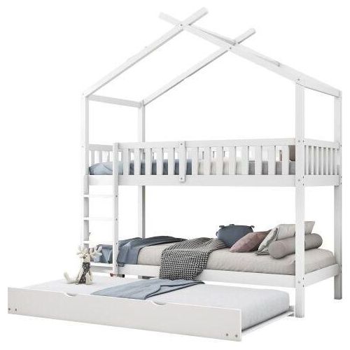 Jugendbett 90x200 cm (Ohne Matratze) Hausbett Weiss Holz Kinderbett drei Betten Ausziehbar Platzsparendes Hausbett Doppelbett Jugendzimmer