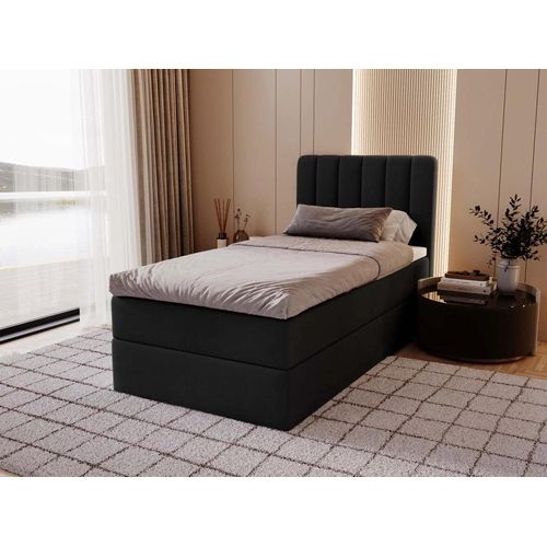 MYSEN Boxspringbett 90x200 Lamini mit Bettkästen mit Matratze (14 cm) mit Topper (4 cm) Komplett-Set Polsterbett Bonell H3 Schwarz