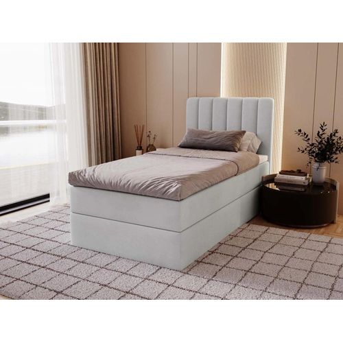 MYSEN Boxspringbett 100x200 Lamini mit Bettkästen mit Matratze (14 cm) mit Topper (4 cm) Komplett-Set Polsterbett Bonell H3 Hellgrau