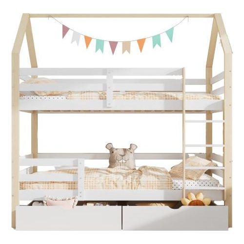 Doppelbett 90x200cm (Ohne Matratze) Kinderbett Weiss+Holzfarbe Holz Hausbett grosse Schubladen Kiefernholz Ins und aus dem Bett kommen