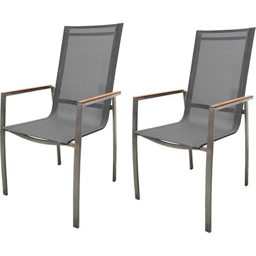 Stapelstuhl PAVIA 2er Set: Eleganter Stahlstuhl mit Teakholz-Armlehnen