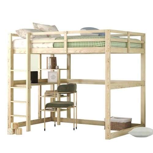 Kinderbett(Natur,140X200cm)Hochbett Bettgestell mit Stauraum,komplett aus Kiefer,mit 4 Ablagefächern und einer Schreibtischplatte