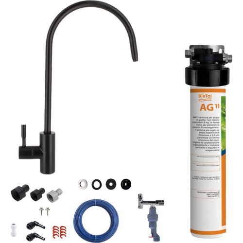BieTal® Untertisch Wasserfilter Aktivkohle Set 1-Wege Hahn Schwarz Wasserstop