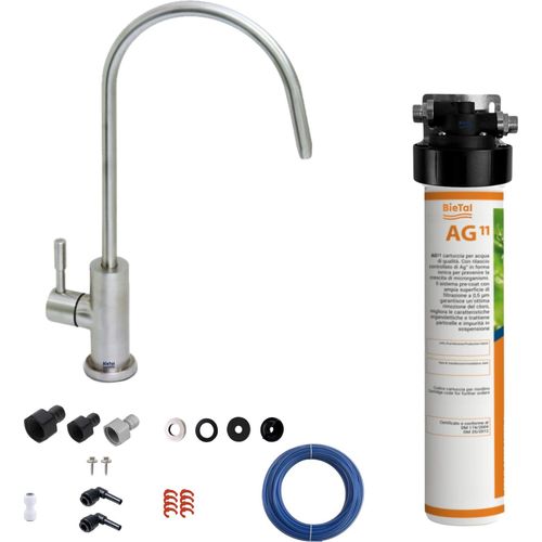 BieTal® Untertisch Wasserfilter Aktivkohle Set mit 1-Wege Hahn Edelstahl matt