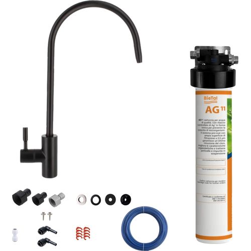 BieTal® Untertisch Wasserfilter Aktivkohle Set mit 1-Wege Hahn Schwarz matt