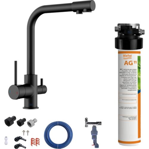 BieTal® Untertisch Wasserfilter Aktivkohle SET 3-Wege Hahn Schwarz & Wasserstop